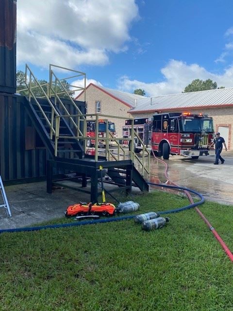 fire truck, steps and oxygen tanks