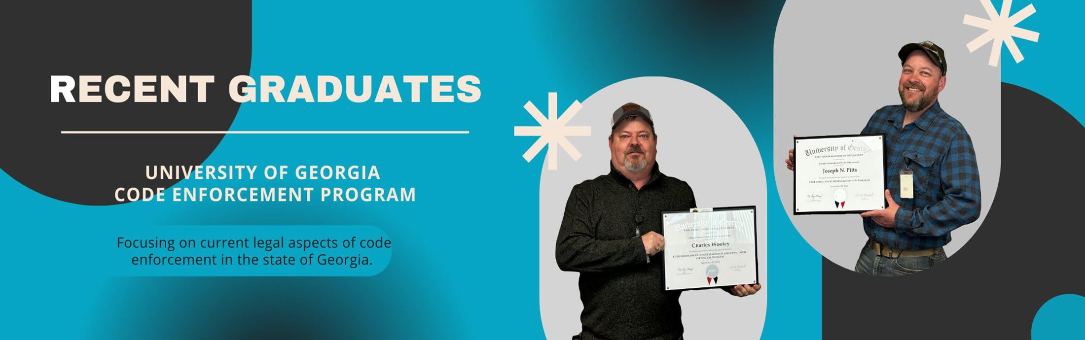 Two Men Holding Certificates from the University of Georgia Blue and Back Background