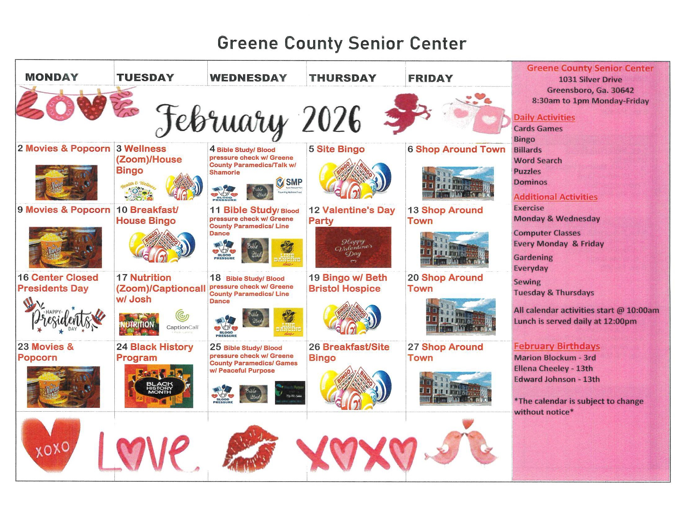 February 2026 Recreation Calendar